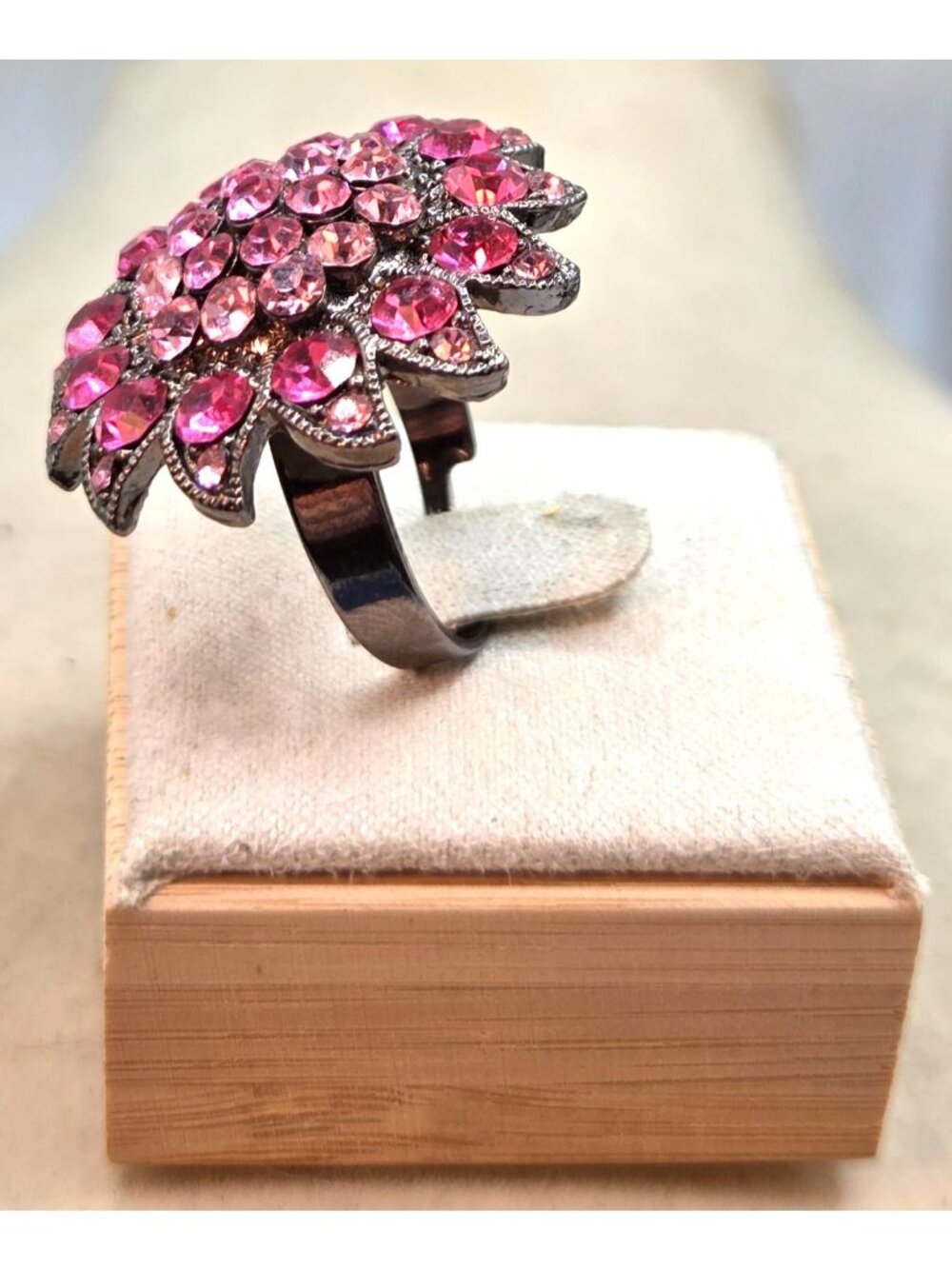 Pink Rhinestone Floral Statement Ring Adjustable Fit - Picture 2 of 3